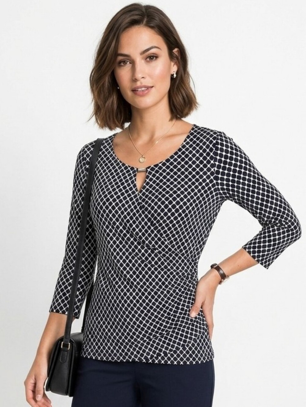 New York & Company Stretch Pullover Top Black White Medium